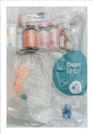 Detox IV drip set with Glutathione, Vitamin C, and B vitamins for liver regeneration and beauty aesthetics.
